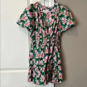 Anthropologie Pink and Green Ruched Puff Sleeve Sundress